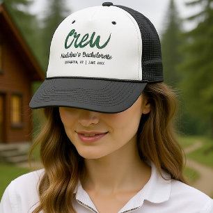 Camp Bachelorette Crew Hand Drawn Writing Green Trucker Hat