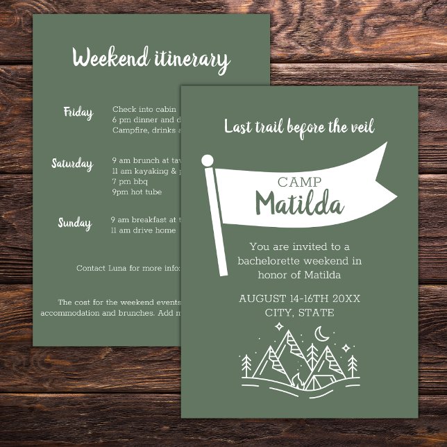 Camp Bachelorette Forest Green Weekend Itinerary Invitation (Camp bachelorette invitation forest green camp flag lake mountain woods outdoor bachelorette)