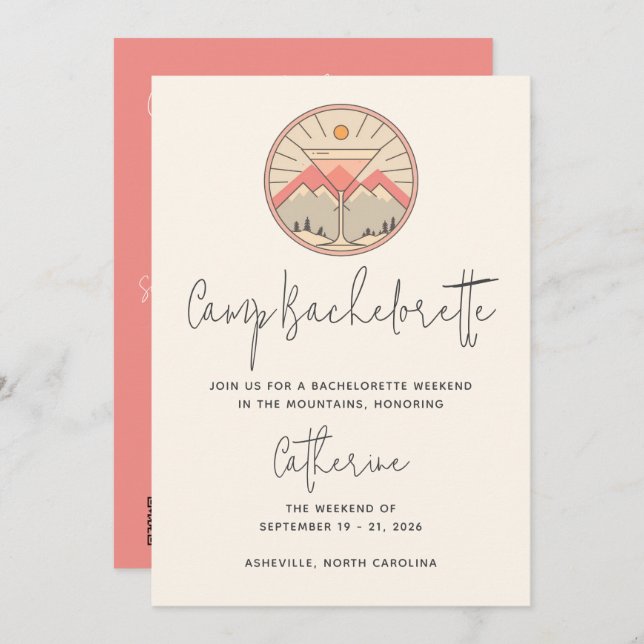 Camp Bachelorette Modern Pink Script Weekend Invitation (Front/Back)