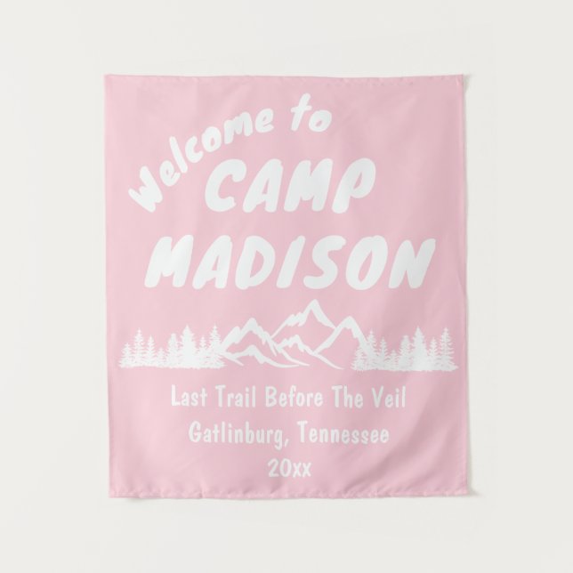 Camp Bachelorette Mountain Camping Party Pink Sign Tapestry (Front)