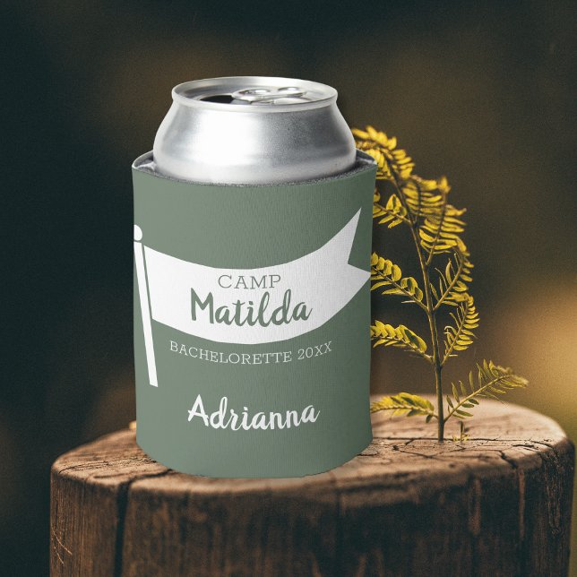 Camp Bachelorette Mountain Green Flag Camping Can Cooler (camp bachelorette party can cooler camping bachelorette )