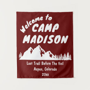 Camp Bachelorette Mountain Party Burgundy Red Sign Tapestry