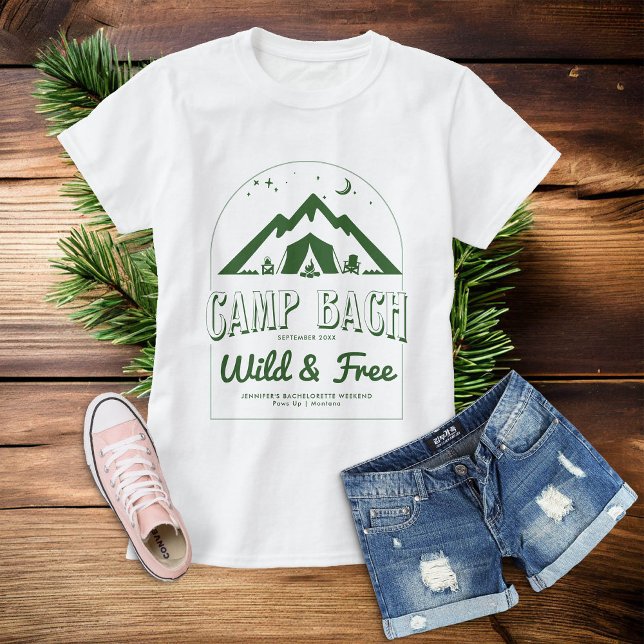 Camp Bachelorette Party Bridesmaids Gift Green T-Shirt (camp bachelorette party forest green bridesmaid shirt gift)