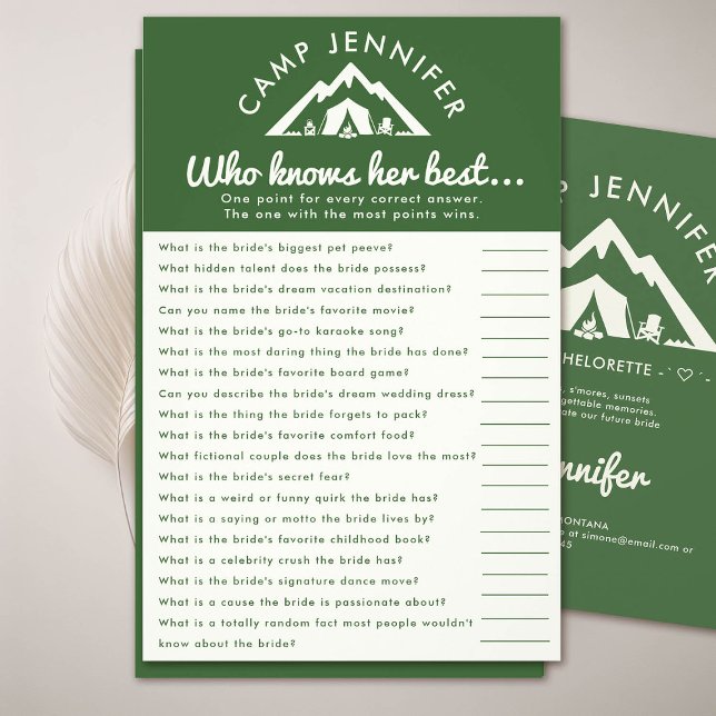 Camp Bachelorette Party Game Who Knows Her Green Flyer (camp bachelorette party forest green game who knows her best)