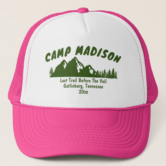 Camp Bachelorette Party Mountain Camping Hiking Trucker Hat (Front)