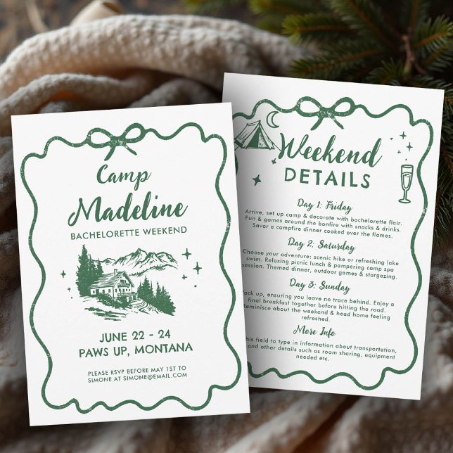 Camp Bachelorette Rustic Green Bow Itinerary 3-Day Invitation (camp bachelorette invitation itinerary camping glamping hiking mountains nature bach)