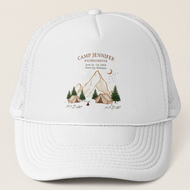Camp Bachelorette Weekend Adventure Trucker Hat (Front)