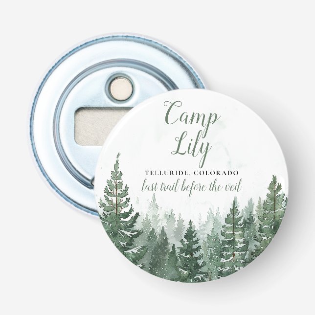 Camp Bachelorette Woodland Forest Weekend Party Bottle Opener (Front)