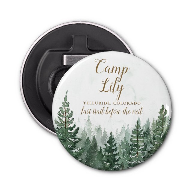 Camp Bachelorette Woodland Forest Weekend Party Bottle Opener (Front)