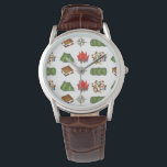 Camp Camping Fire Tent Trail Mix Compass Watch<br><div class="desc">Features an original marker illustration of six classic camping-themed illustrations,  including a campfire,  trail mix,  tent,  sleeping bag,  s'mores,  and compass.</div>