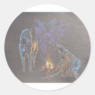 Camp Fire Native American Indian Warrior Classic Round Sticker