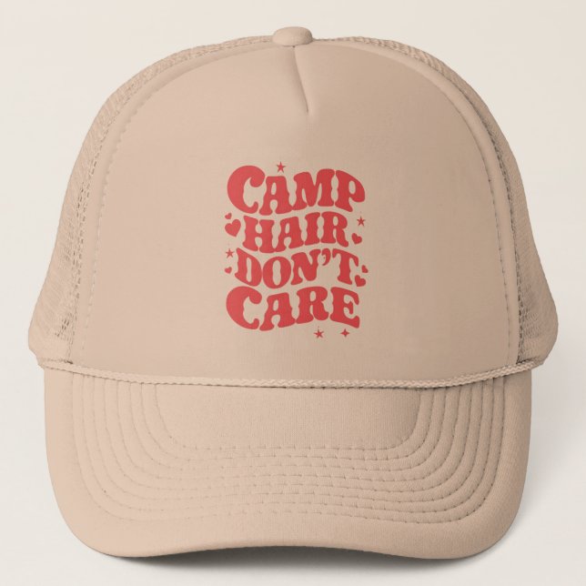 Camp Hair Don't Care Summer Camping Girls Groovy Trucker Hat (Front)