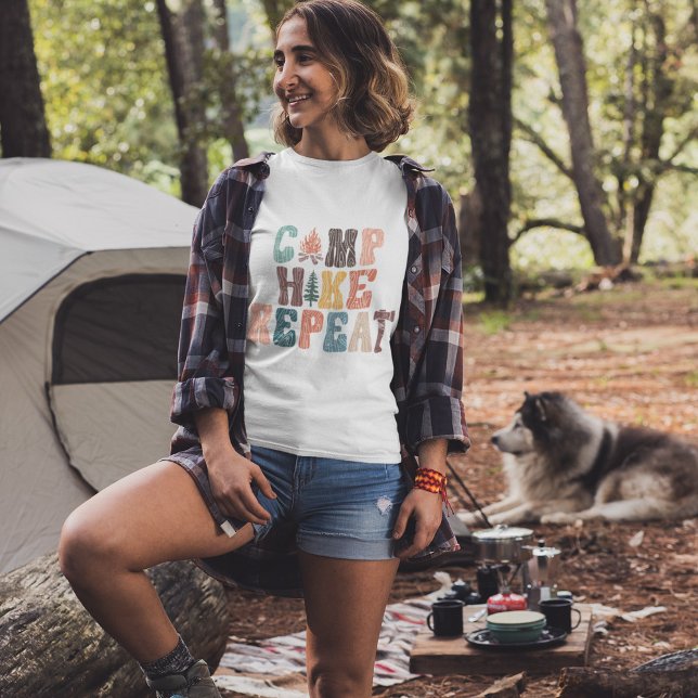 Camp Hike Repeat Colourful Cute T-Shirt (Creator Uploaded)