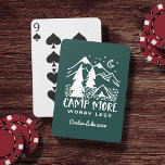 Camp More, Worry Less | Custom Camping Playing Cards<br><div class="desc">Create a unique custom souvenir for your next family camping trip or outdoor adventure. Hunter green playing cards feature the outdoorsy quote "camp more, worry less" in distressed hunter green lettering beneath a hand drawn illustration of a camping tent set in a pine forest with a crescent moon rising over...</div>