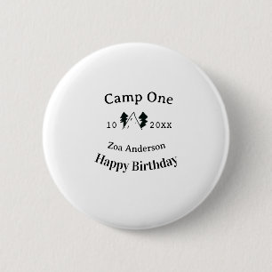 Camp one happy birthday name date campingadventure 6 cm round badge