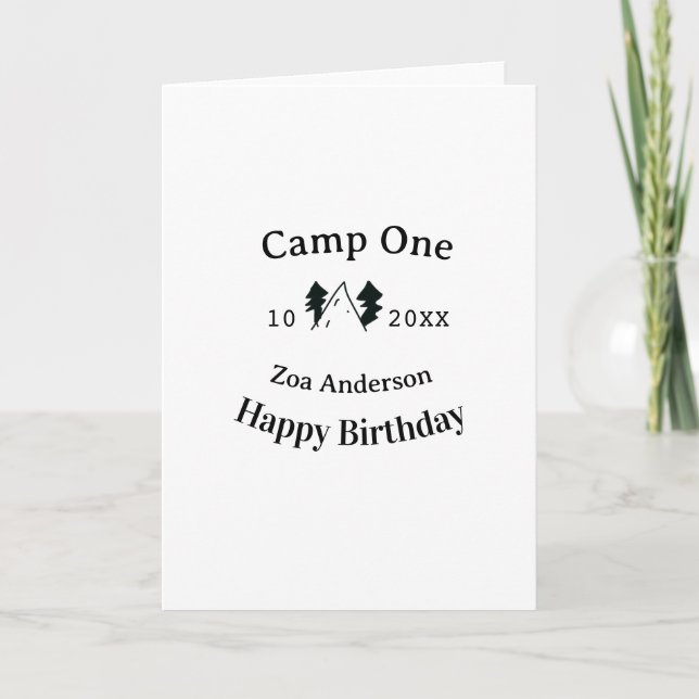Camp one happy birthday name date campingadventure card (Front)