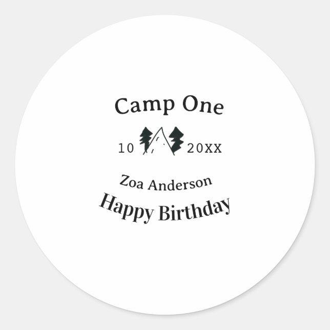Camp one happy birthday name date campingadventure classic round sticker (Front)