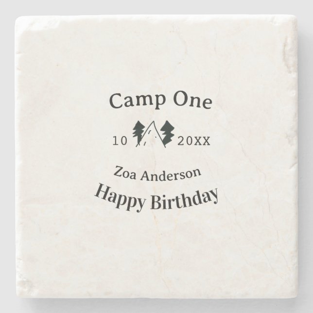 Camp one happy birthday name date campingadventure stone coaster (Front)