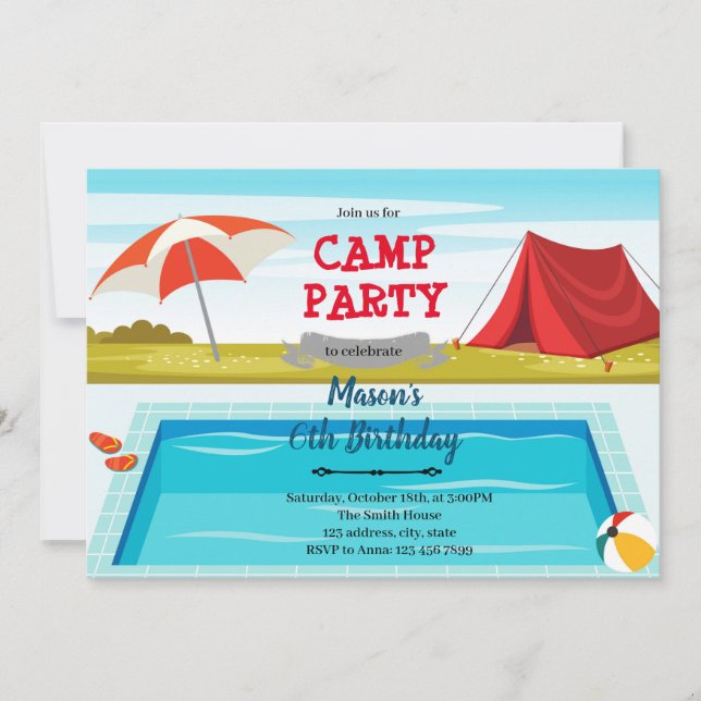 Camp pool birthday party invitation (Front)