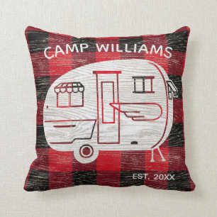 Camp Rustic Red Black Buffalo Plaid Family Name Cushion