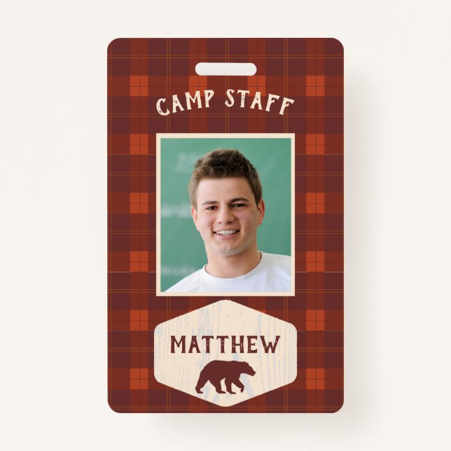 Camp Staff Rustic Flannel and Bear Photo ID ID Badge (Front)