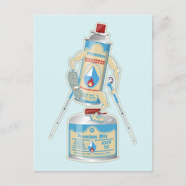 Camp stove gas canisters funny hiking postcard (Front)