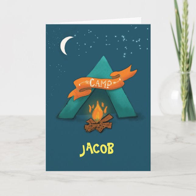 Camp Thinking of You Custom Name Tent and Campfire Card (Front)