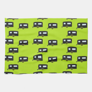 Camp trailers on green tea towel