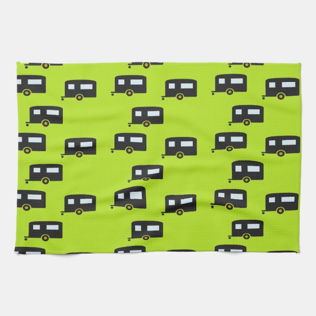 Camp trailers on green tea towel (Horizontal)
