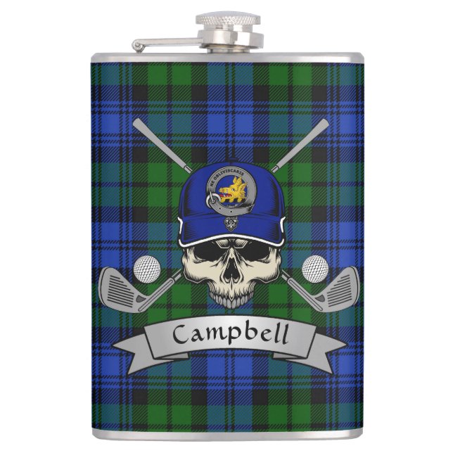 Campbell Badge & Tartan Personalised Skull Golf Hip Flask (Front)