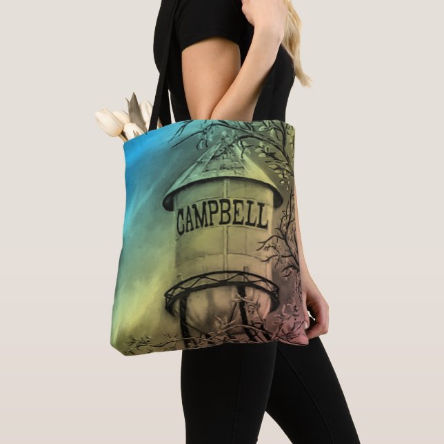 Campbell CA Water Tower Brushed Polyester Tote (Close Up)