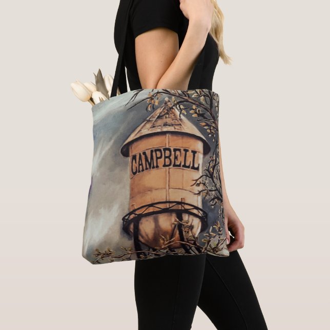 Campbell CA Water Tower Brushed Polyester Tote (Close Up)