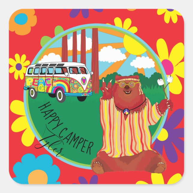 Camper Bear Flower Stickers Square (Front)