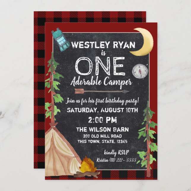 Camper Buffalo Plaid 1st Birthday Camping Invitation (Front/Back)