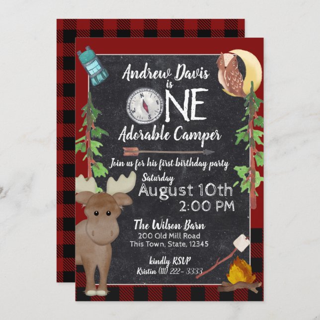 Camper Buffalo Plaid 1st Birthday Camping Invitation (Front/Back)