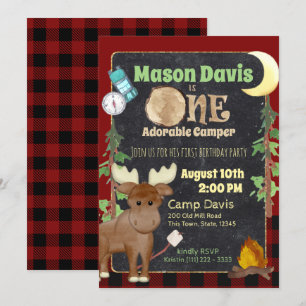 Camper Buffalo Plaid 1st Birthday Camping Invitation