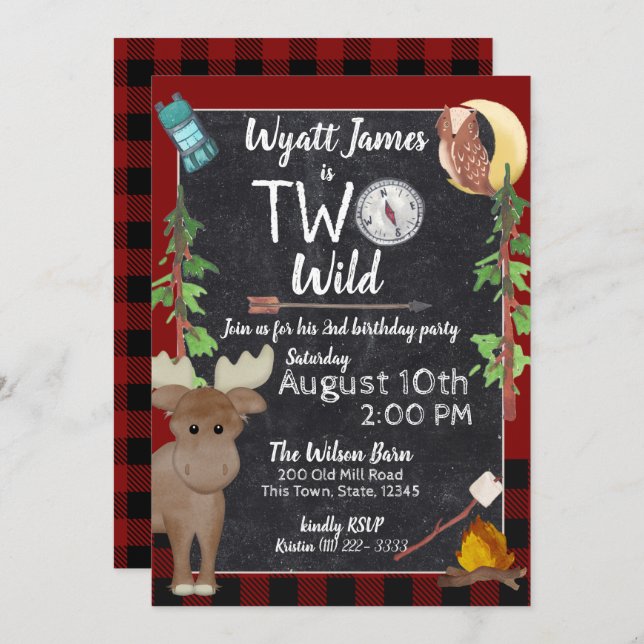 Camper Buffalo Plaid 2nd Birthday Camping Invitation (Front/Back)