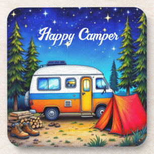 Camper Camping Blue Green Nature Watercolor Coaster