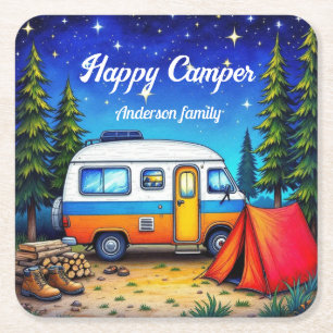 Camper Camping Blue Green Nature Watercolor Square Paper Coaster