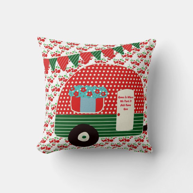 Camper Caravan Sayings Retro Red Green Custom Cushion (Front)
