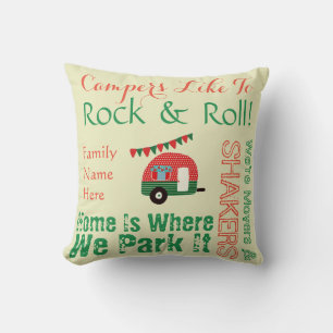Camper Caravan Sayings Retro Red Green Wordcloud Cushion