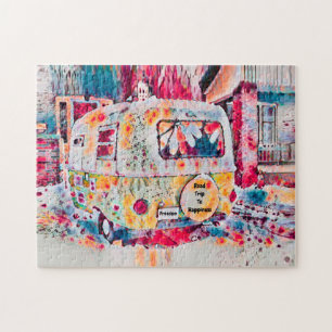 Camper Hippie Retro Road Trip To Happiness Freedom Jigsaw Puzzle