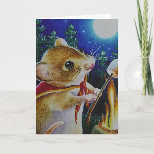 Camper Mouse Roasting Marshmallows Watercolor Art  Card (Front)