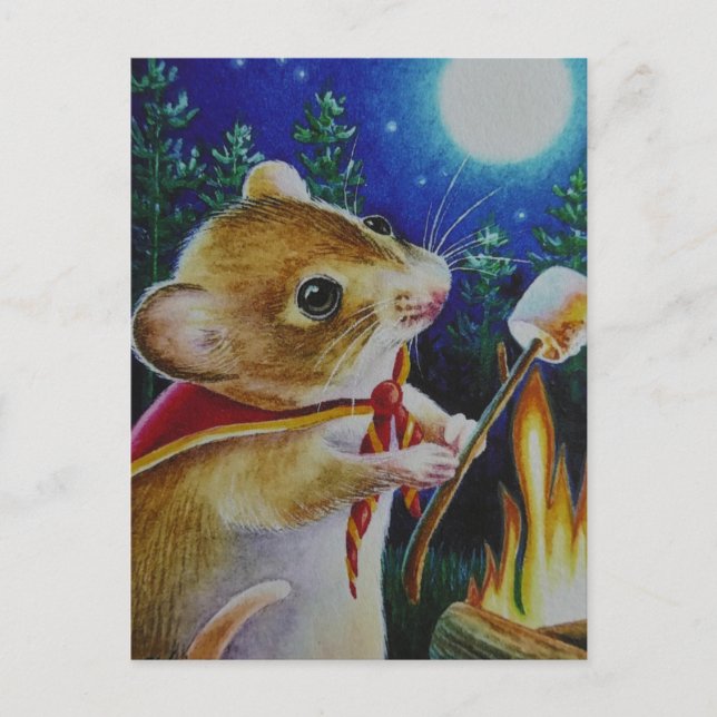 Camper Mouse Roasting Marshmallows Watercolor Art Postcard (Front)