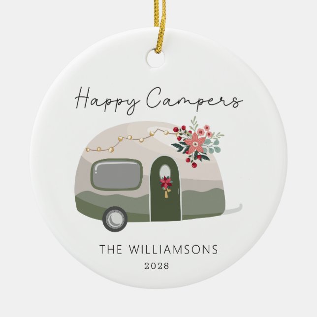 Camper Retro Green Christmas  Ceramic Ornament (Front)