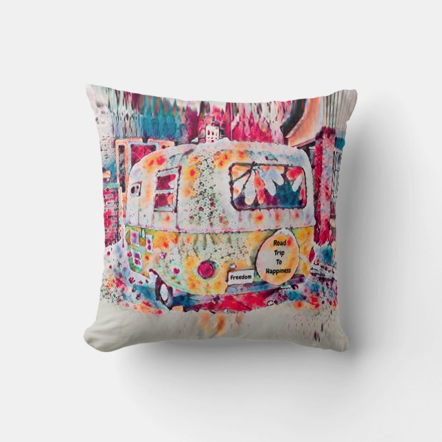 Camper Retro Hippie Road Trip To Happiness Freedom Cushion (Front)
