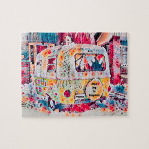Camper Retro Hippie Road Trip To Happiness Freedom Jigsaw Puzzle