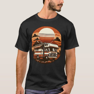 Camper RV Camping Vacation Vintage Round Sunset fa T-Shirt