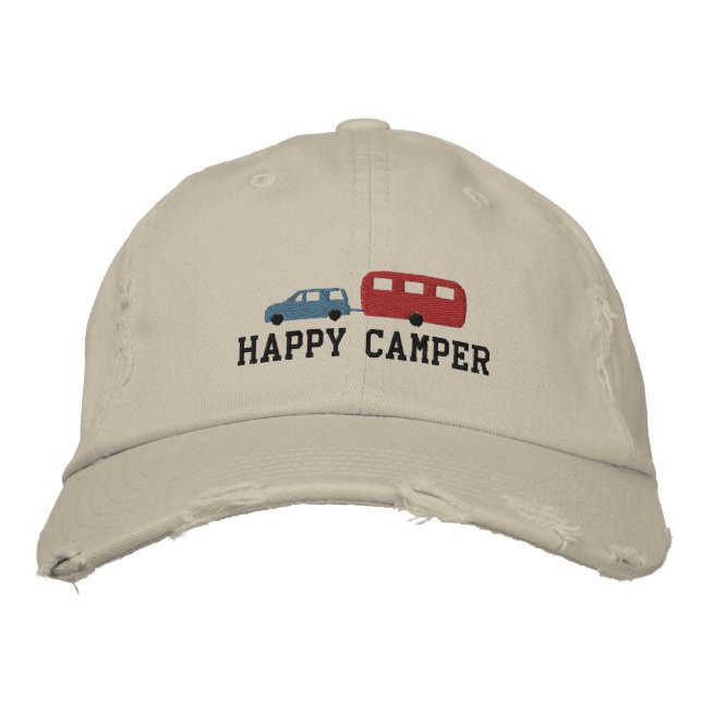 Camper Trailer and Car Happy Camper Embroidered Hat (Front)