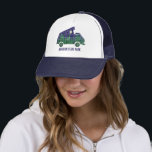 Camper Van with Pop Up Tent Custom Text Graphic Trucker Hat<br><div class="desc">Create a personalised gift for a custom souvenir from your own camping trip when you add your text to this baseball cap or trucker's hat. This hat features an illustration of a camper fan with a popup tent on the roof and is illustrated to look like a moonlit night in...</div>